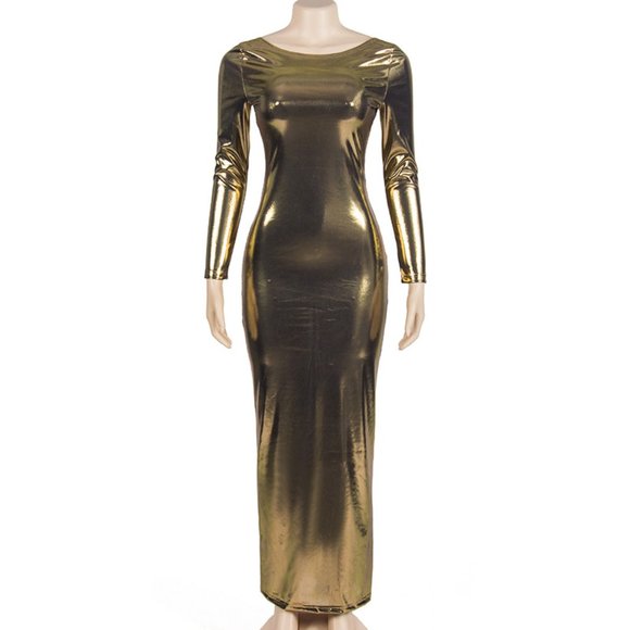 Metallia's Long Sleeve Backless Long Glossy Dress - Picture 3 of 5